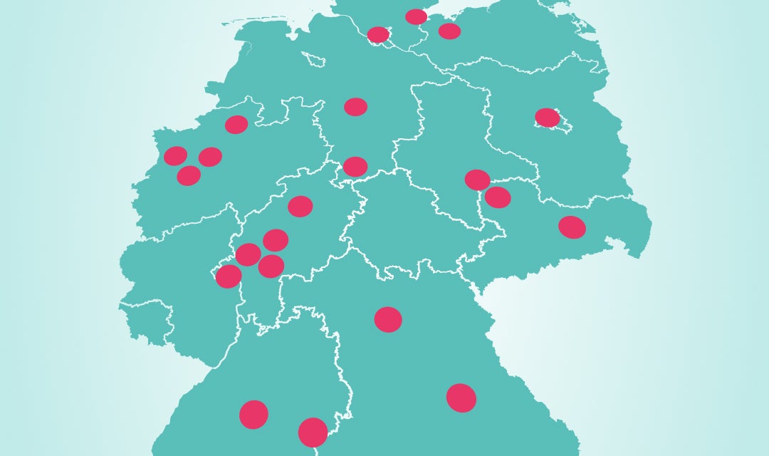 Standortkarte Deutschland mit geografischer Verteilung von spezialisierten Behandlungszentren.