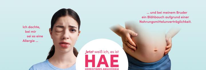 Betroffene Patientin mit HAE-Symptomen (geschwollenes Auge) und Kind mit Blähbauch neben dem Claim: Jetzt weiß ich, es ist HAE.