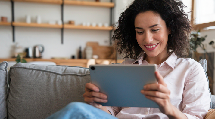 Zufriedene Patientin informiert sich zu Hause auf dem Sofa über digitale Patientenangebote auf ihrem Tablet